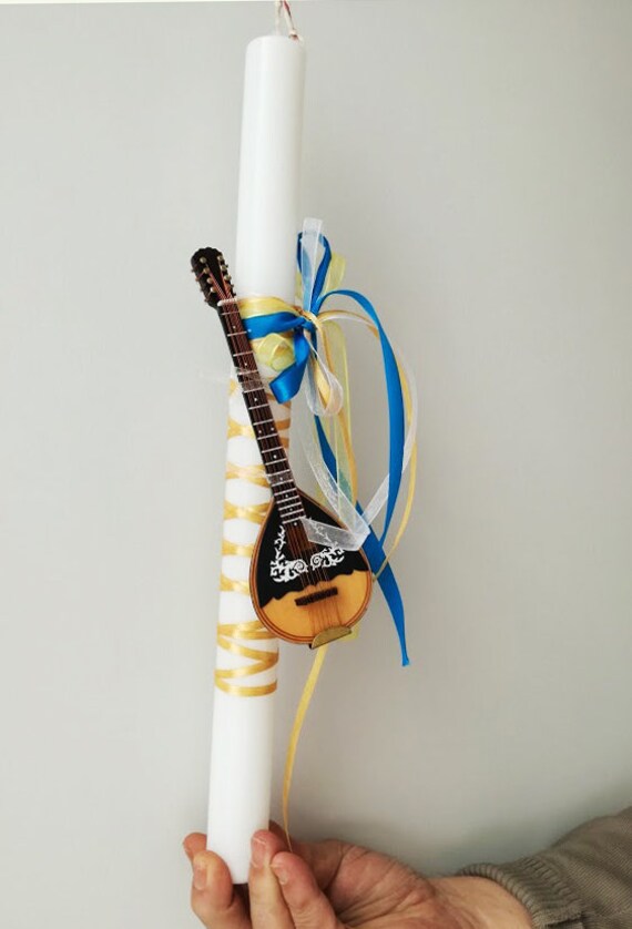 Greek Easter candle with bouzouki miniature, white Greek Easter candle, decorated with a vintage bouzouki miniature, made to order