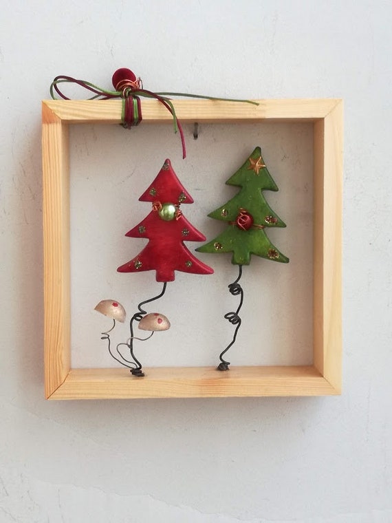 Chistmas tree wall hanging, Xmas fir trees with baubles, red green Xmas tree miniatures in wooden frame, natural wood frame with Xmas trees