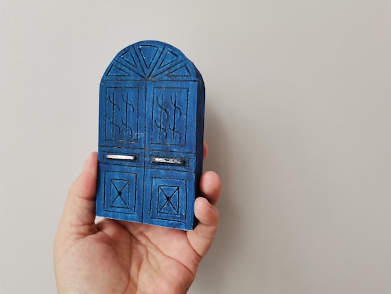 Blue front door sculpture, dark blue Greek gate, domed, stoneware Greek house gate, ceramic Greek gate miniature