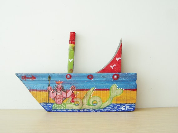 Mermaid on wooden boat, folk art shabby boat of reclaimed wood, salvaged, old wood folk boat with Greek mermaid painted, Greek folk art