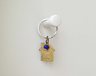 Brass house key ring, brass house key chain, hammered oxidised house charm and blue bead on alloy key ring, unisex key organiser