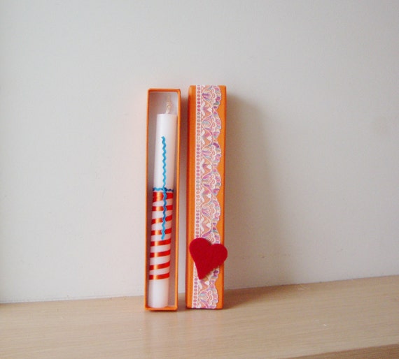 Easter candle in a box, hard, orange box with lace and felt heart and short, white candle with ribbons, Easter candle for teens and women