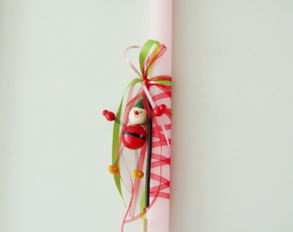 Yo yo toy Easter candle, wooden yo yo toy on Greek Easter candle for baby girls, pink candle with colourful toy and ribbons, Greek lambada