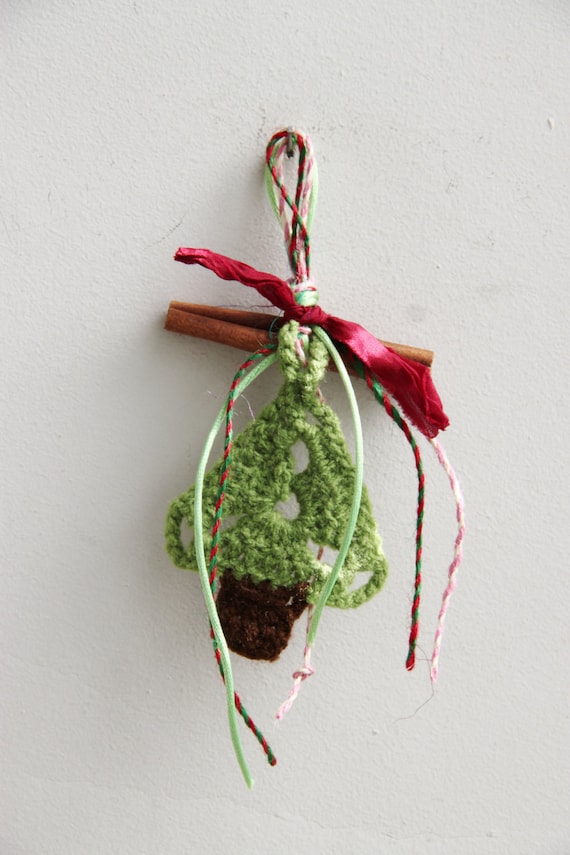 Crochet Christmas tree ornament, little green Xmas tree ornament on cinnamon stick, tied with silk ribbon, satin cord and hemp cord