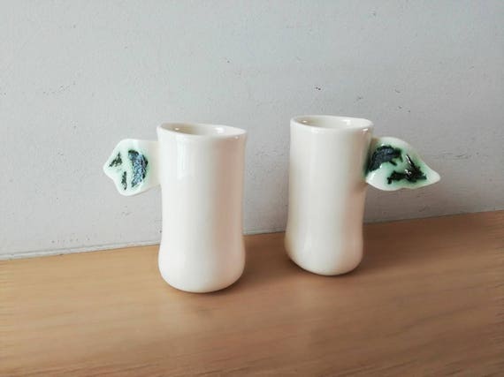 White espresso cups, angel wing espresso cups, coffee cups of earthenware clay, handbuilt, quirky espresso shots, bud vases, set of two
