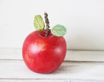 Red apple sculpture, life size ceramic apple, red ceramic apple with two green leaves, red apple art object with wire stem