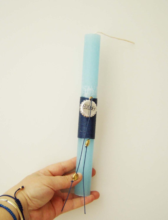 Blue Easter candle for men, Greek Easter candle in sky blue with metal, bottle cap charm, men and teens Greek lambada