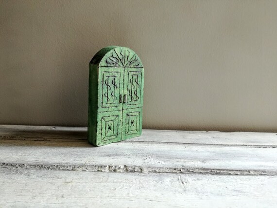 Ceramic front door sculpture, green Greek gate, domed, stoneware Greek house gate, ceramic gate art object, minty green gate miniature