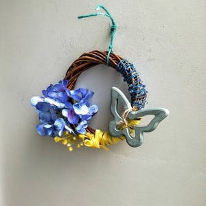 Blue butterfly wreath, butterfly and hydrangea wreath, flowers with butterfly and yellow ribbon door wreath, small wicker wreath