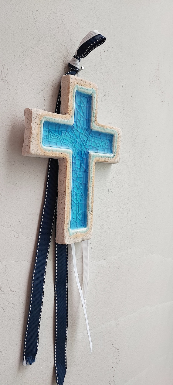 Small ceramic cross, turquoise blue ceramic cross, stoneware handbuilt cross, Greek pottery cross wall hanging