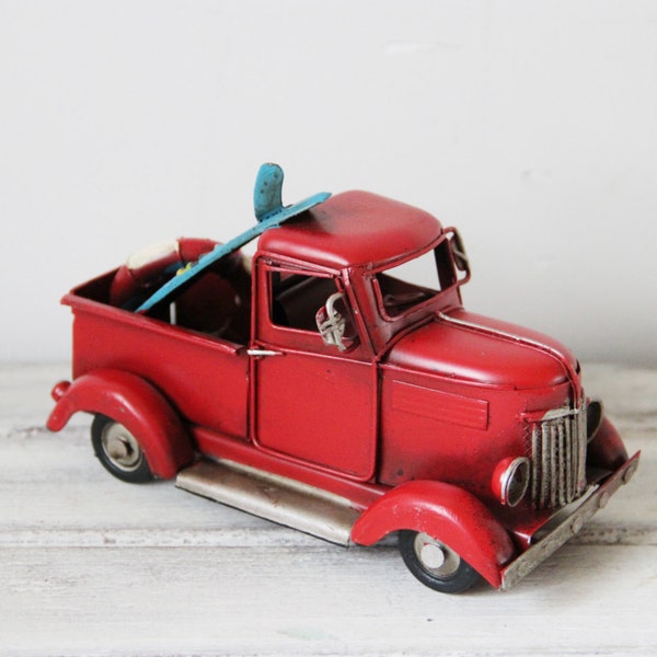 Scarlet pick-up miniature, retro style, collectible truck miniature with surfboard and life saver, red truck miniature with blue surfboard