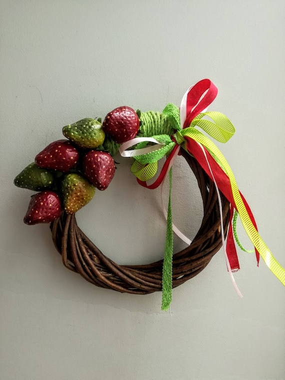 Strawberry wreath, summer wreath of red and green strawberries, life size, polyester strawberries on wicker wreath with lace ribbon