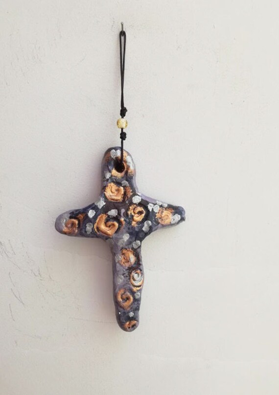 Boho ceramic cross, purple gold ceramic cross, earthenware clay handbuilt, unique cross, rustic cross wall hanging, Greek pottery cross