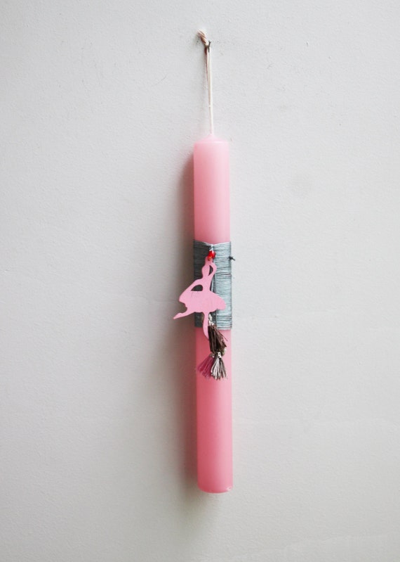 Ballerina Easter candle, pink candle with pink ballerina cutout and tassels, Greek Easter candle for girls, ballerina Greek lambada