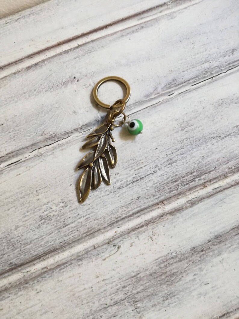Olive Branch Keychain Brass Olive Branch With Green Eye Etsy