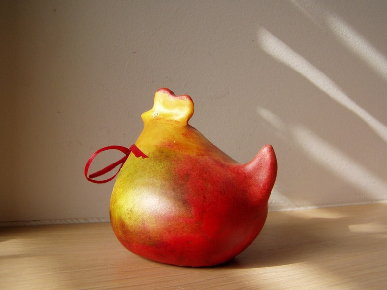 Easter hen in red yellow, ceramic chicken Easter decor image 5