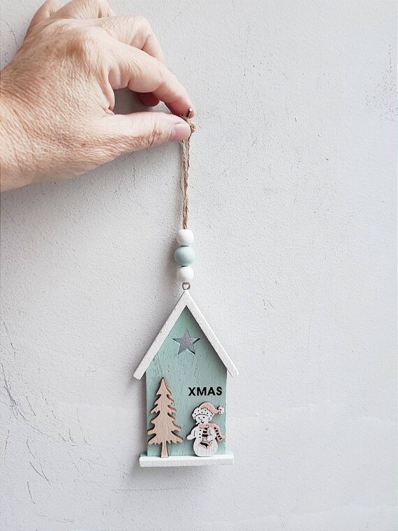 Wooden house ornament, white blue house ornament for the Xmas tree, snowman and tree decorated ornament of wooden house