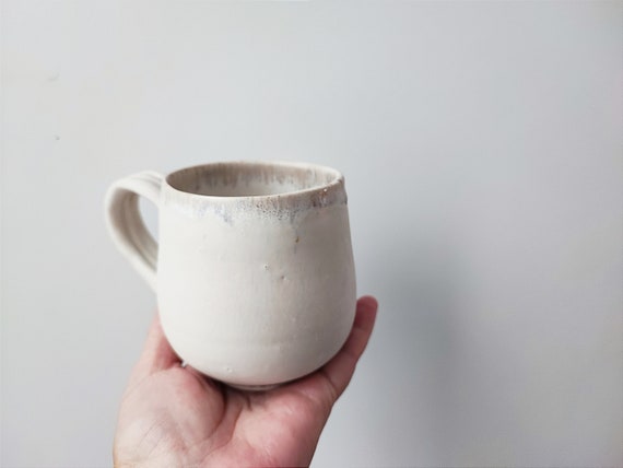 Large coffee mug, stoneware clay, beige white mug, unique brown rim, coffee or tea cup in offf white