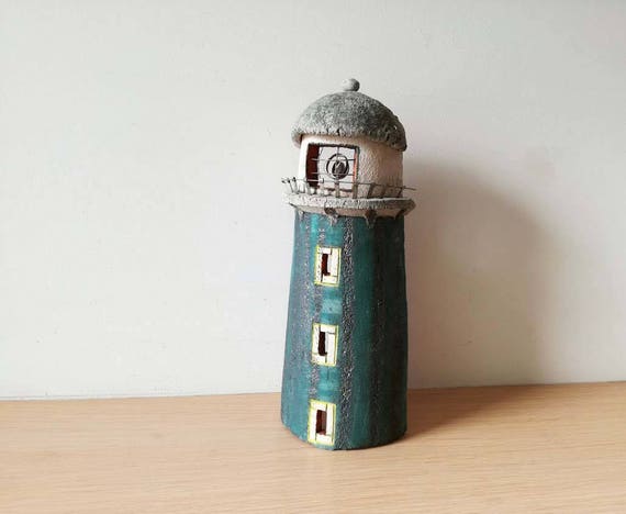 Reserved for Marion, ceramic lighthouse sculpture, stoneware lighthouse wall hanging in oxidised blue with dome roof and three windows