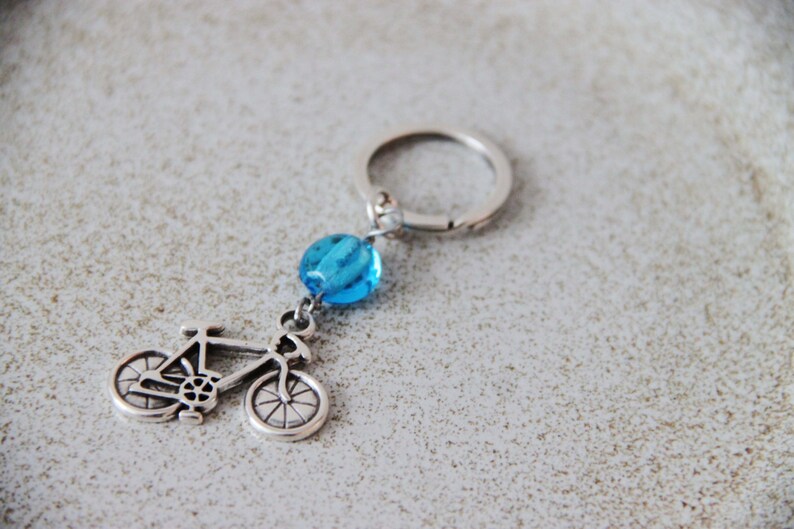 Silver Bicycle Keychain Alloy Bike Charm With Blue Glass Bead Etsy