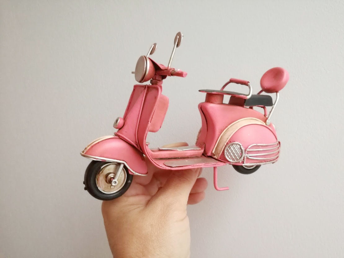 Pink scooter miniature, vintage, collectible, pink retro scooter, tin and