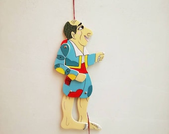 Vintage Karagiozis puppet, wooden Karagiozis wooden puppet, colourful Greek shadow theater marionette, Karagiozi wooden puppet toy