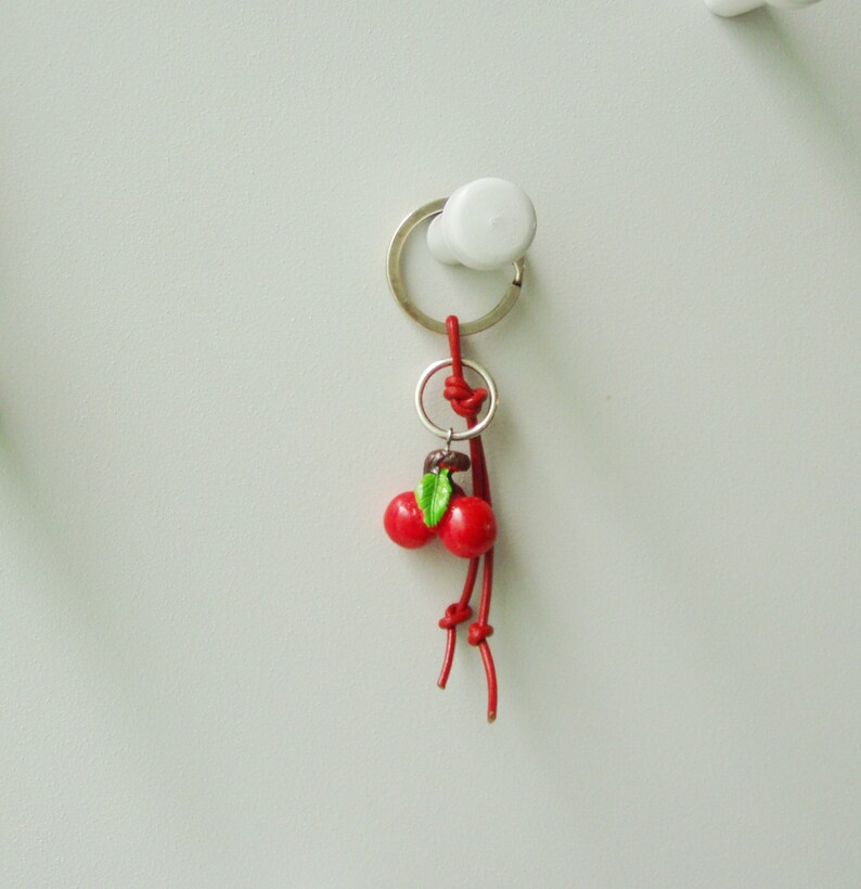 plastic red and green keychain for girls and women red cherries bead on red leather Cherries keychain summer keyring