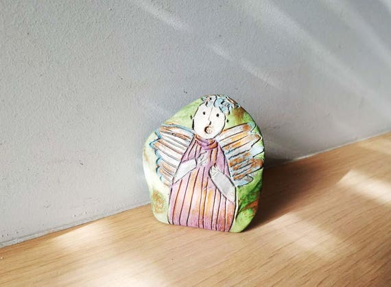 Ceramic angel child, colourful angel sculpture, boy angel art object, unique angel sculpture, hand built ceramic angel, Christmas angel