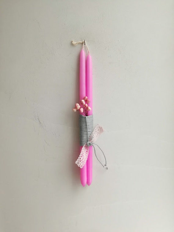 Pink easter candle, double easter candle for teens and women, fuchsia pink, double  short candle with small bouquet decor