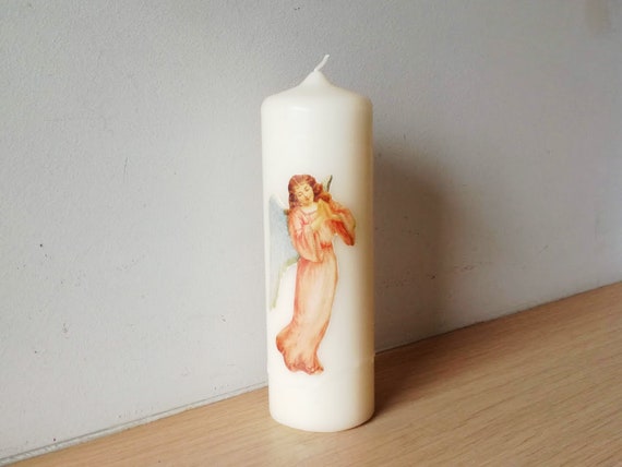 Angel decoupaged candle, angel pillar candle, ivory pillar candle with retro angel in red robes, ivory angel decoupage candle, prayer candle