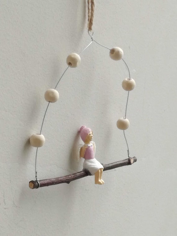 Pink angel ornament, Xmas tree angel ornament, pink girl on swing with white beads, pink girly Xmas ornament