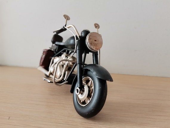 Black motorcycle miniature, retro collectible miniature of black, vintage motorbike with brown saddlebags, boho motorbike gift