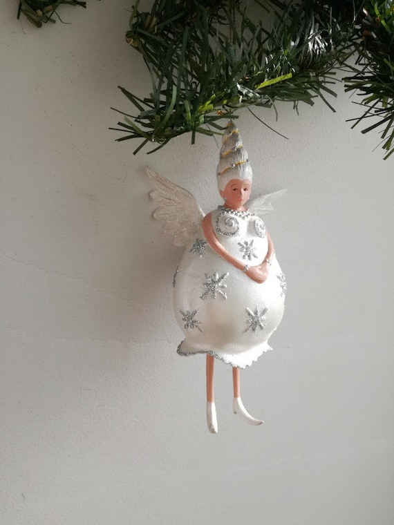 Angel lady figurine, quirky quaint angel woman in bell shaped dress and cone shaped hair, fairy tale angel ornament, white angel decor