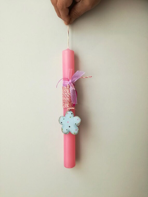 Blue flower Easter candle, Greek Easter candle with metal flower and jute cord, girls and teens Easter candle, pink Greek lambada