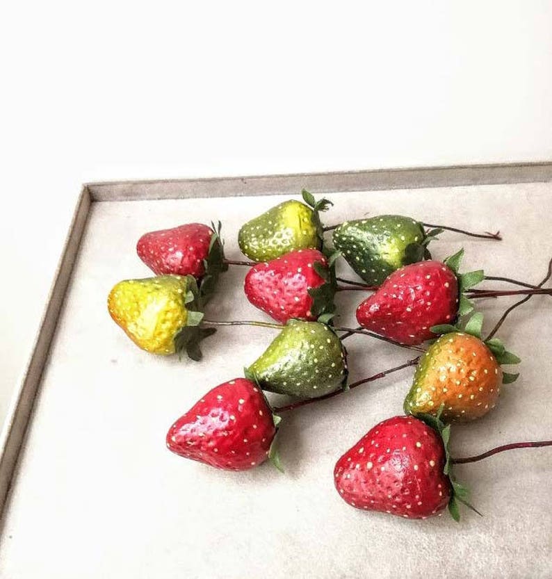 life size red and geen strawberries supplies set of ten polyester strawberries for wreaths and craft making Strawberries with wire stem