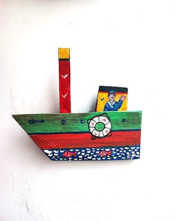 Cute sailor painting, folk art shabby boat of reclaimed wood with sailor and lifejacket, folk boat with Greek sailor, Greek folk art