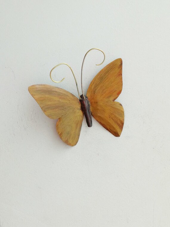 Butterfly wall hanging, honey yellow butterfly of brass, handmade, hand painted butterfly,  unique metal buttefly wall decor