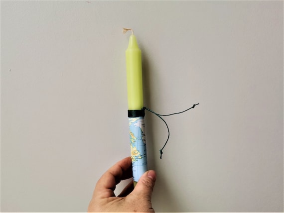 Map Easter candle, map sheet on lime green, Easter candle, grown ups Greek Easter candle with music sheet, λαμπάδα χάρτης λαχανι