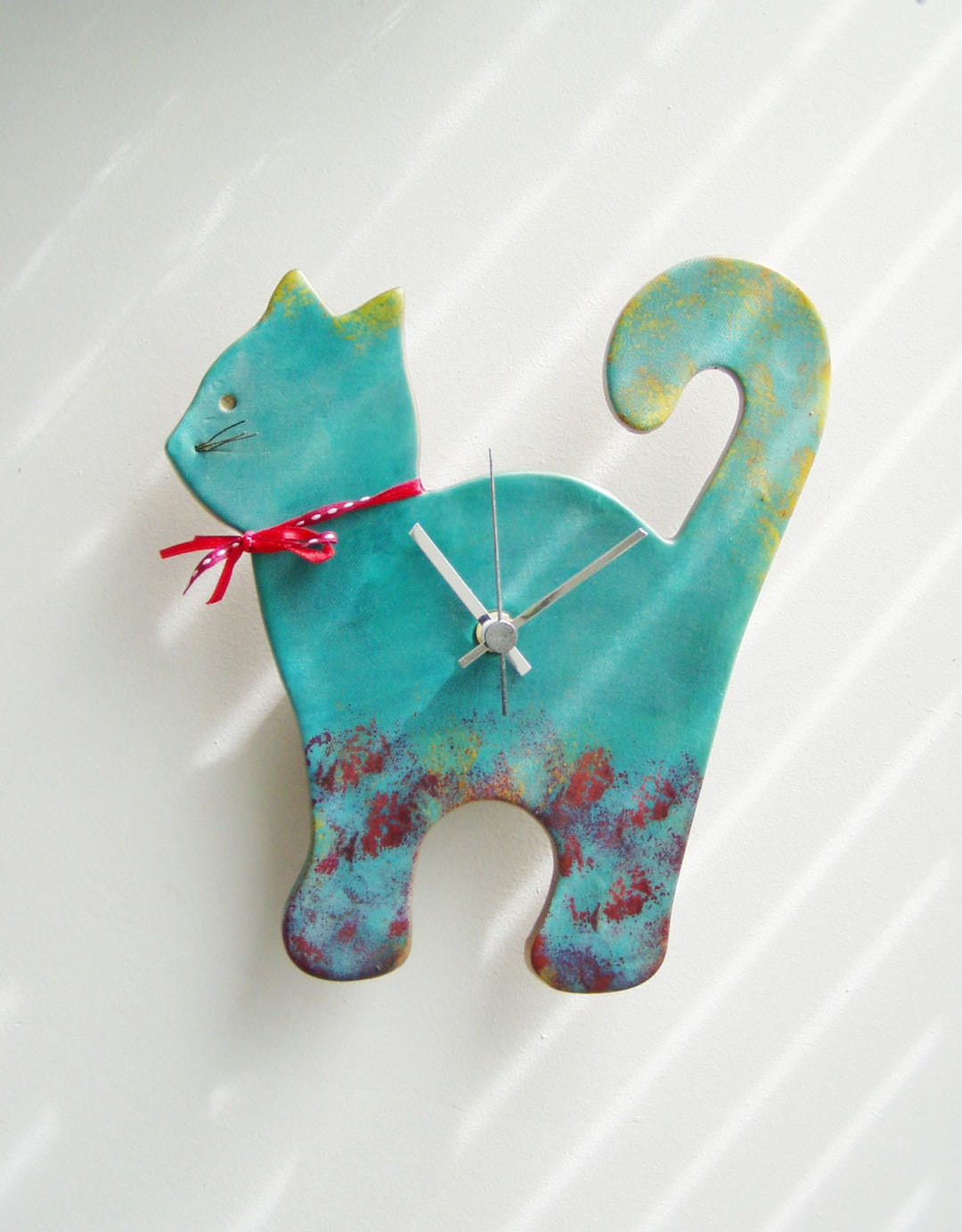 Blue Cat Wall Clock, Ceramic Wall Clock of Turquoise Blue and Red Cat
