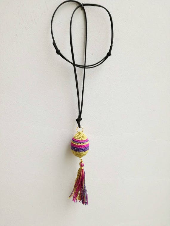 Boho egg necklace, crochet egg, multicolour necklace with black, suede cord and colorful tassel, bohemian egg and tassel pendant