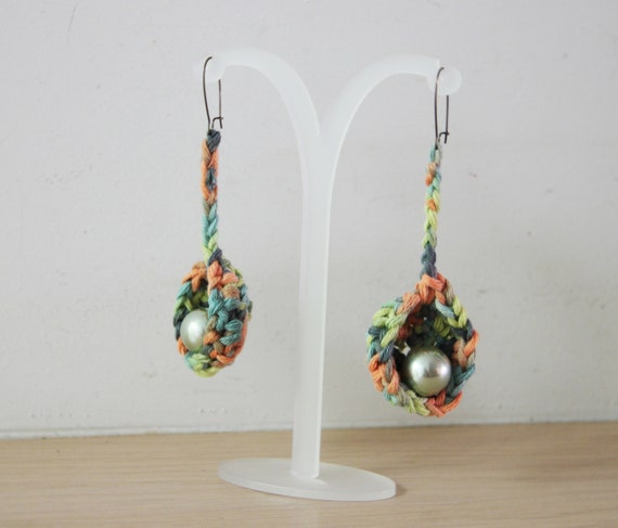 Multicolor crochet earrings, crochet dangle earrings in orange, blue green, crochet boho earrings, gypsy, colourful drop earrings