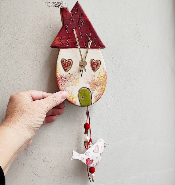 Fairy house clock, ceramic wall clock of fairy cottage, hand built earthenware clock with metal bird hanging