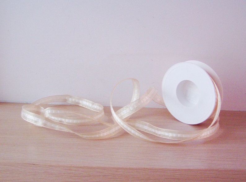 Cream wired ribbon, transparent, organza ribbon with cream stripe centre and golden thread, Holiday crafts, wedding decor ribbon, 5 yards image 2