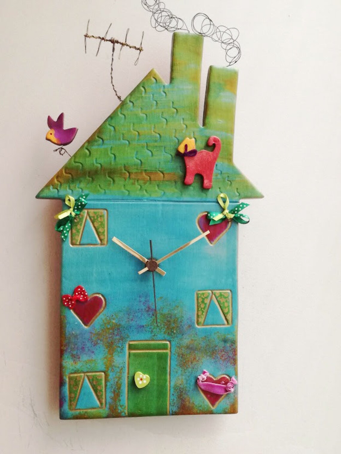 Green House Clock Colourful Ceramic House Clock House Shaped Etsy