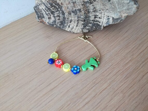 Colourful beads bracelet, boho friendship bracelet, fruit and flowers bracelet, red yellow blue green cuff, girlie color bracelet