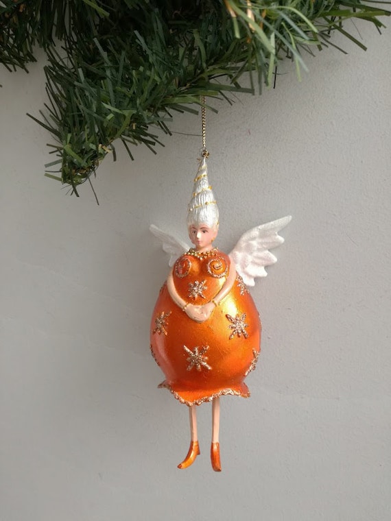 Angel lady figurine, quirky orange angel woman in bell shaped dress and cone shaped hair, fairy tale angel ornament, orange angel decor