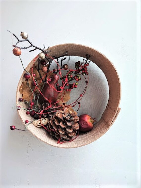 Winter wreath sieve, wooden traditional sieve with pine cone and pomegranate, wall winter sieve decor, unique winter sieve wreath