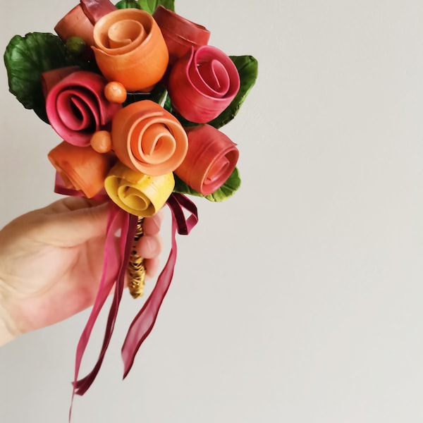 Ceramic rose bouquet , multi-coloured ceramic roses with ceramic leaves and brass wire stems, one of a kind roses bouquet, made to order