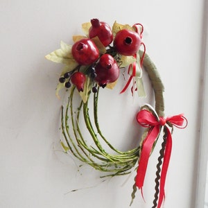 Pomegranate Xmas wreath of red pomegranates, polyester, small pomegranates on green vine wreath with red green ribbons, Xmas decor wreath image 3