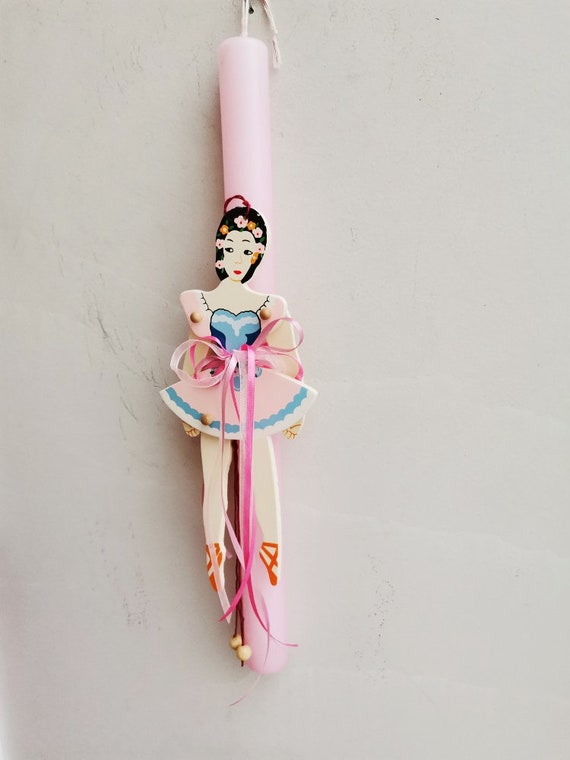 Pink Easter candle with ballerina puppet, round pink candle with pink, blue and white wooden ballerina puppet, girls Greek Lambada